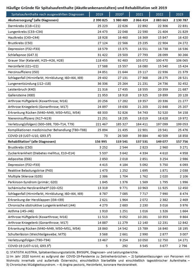 Stationäre Spitalsaufenthalte: häufige Diagnosen (Quelle: Statistik Austria)